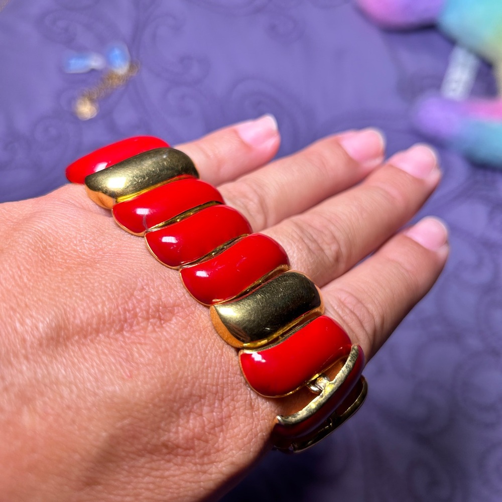 VTG Monet Gold & Red Chunky Classic Bracelet, Signed